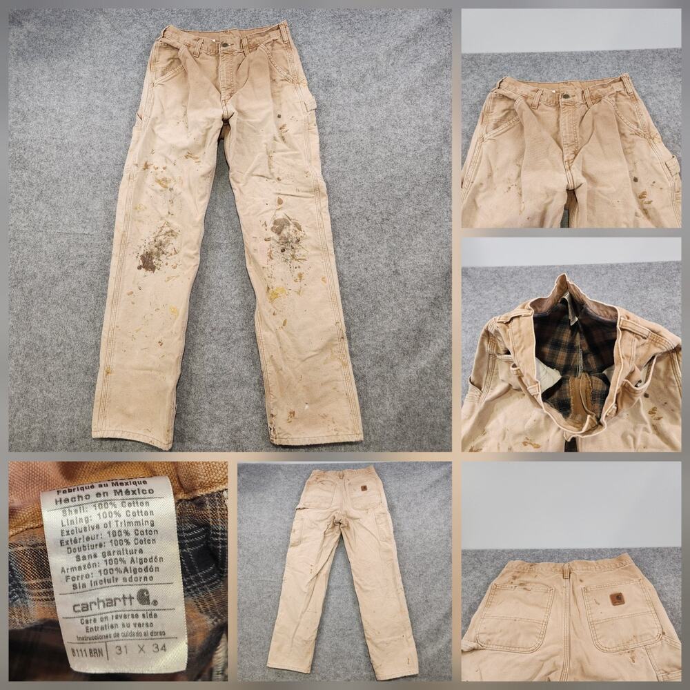 VTG Carhartt B111 Mens 31x34 Canvas Duck Flannel Lined Carpenter Pants SUN FADED